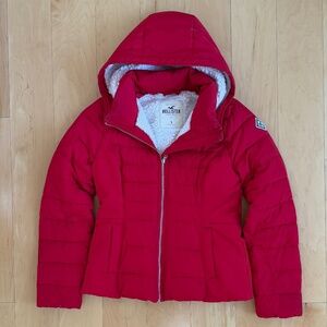 Hollister~Red Sherpa Lined Puffer Hoodie Jacket~Size S~Cozy Winter Coat